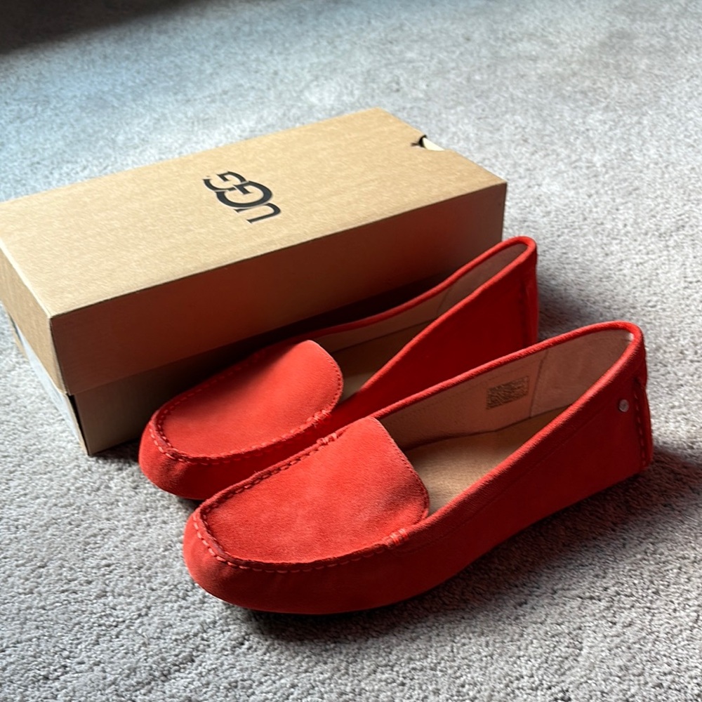 UGG Vibrant Red Orange Suede Loafers, Brand New Never Worn!